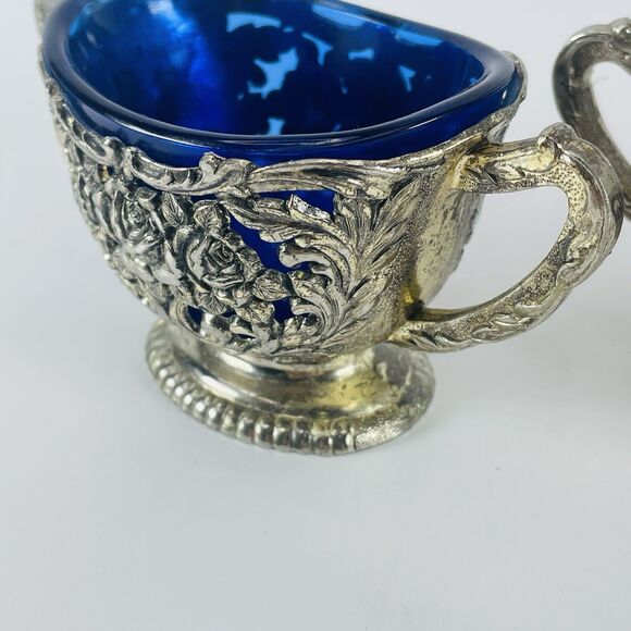 Antique Silver Plated Rose Floral Design Cobalt Blue Lined Sugar And Creamer Set - Picture 12 of 16